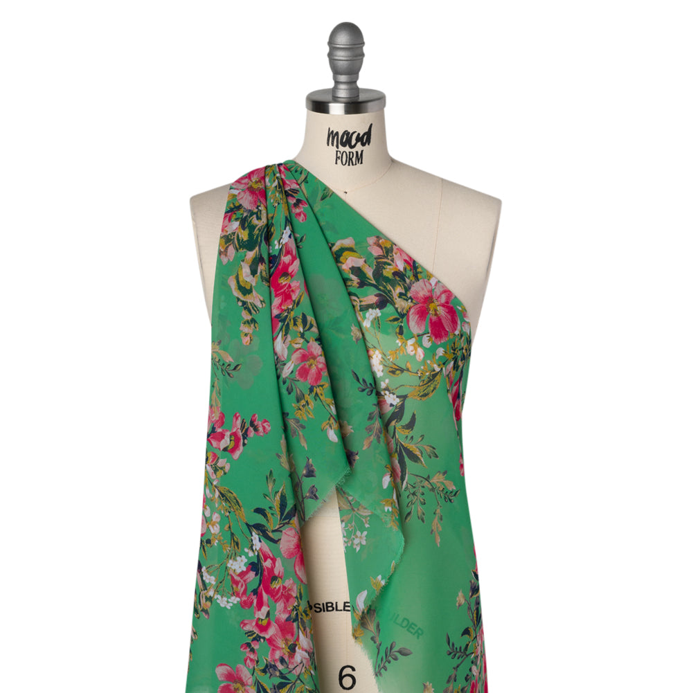 Polyester Chiffon Print - Kelly Green and Bright Pink Floral - Designer Deadstock - Drape