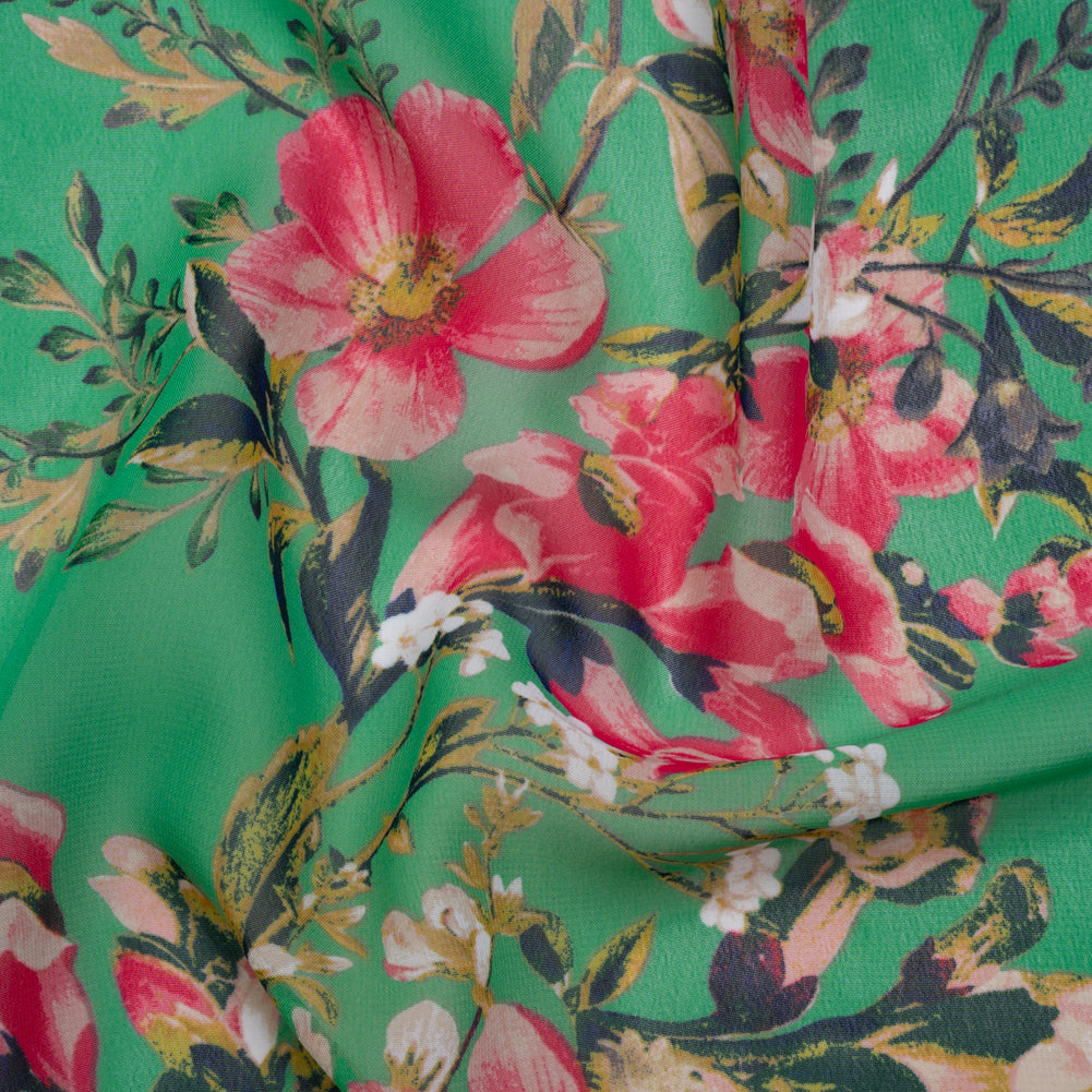 Polyester Chiffon Print - Kelly Green and Bright Pink Floral - Designer Deadstock