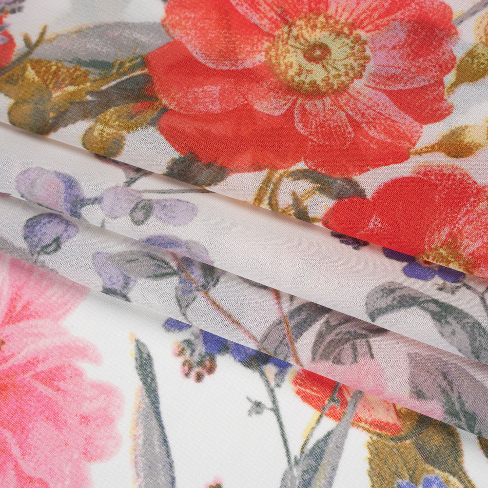 Polyester Chiffon Print - Hot Pink, Iris Purple and Scarlet Red Floral - Designer Deadstock Folded