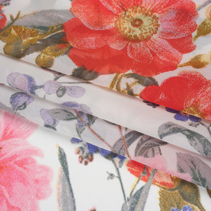 Polyester Chiffon Print - Hot Pink, Iris Purple and Scarlet Red Floral - Designer Deadstock Folded