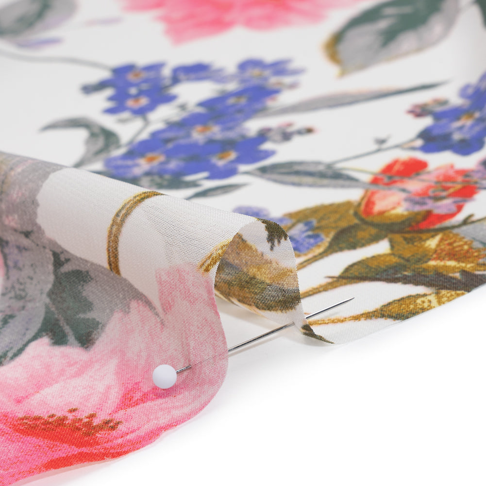 Polyester Chiffon Print - Hot Pink, Iris Purple and Scarlet Red Floral - Designer Deadstock Detail
