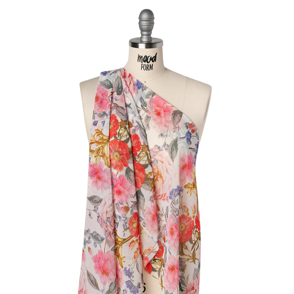 Polyester Chiffon Print - Hot Pink, Iris Purple and Scarlet Red Floral - Designer Deadstock Drape
