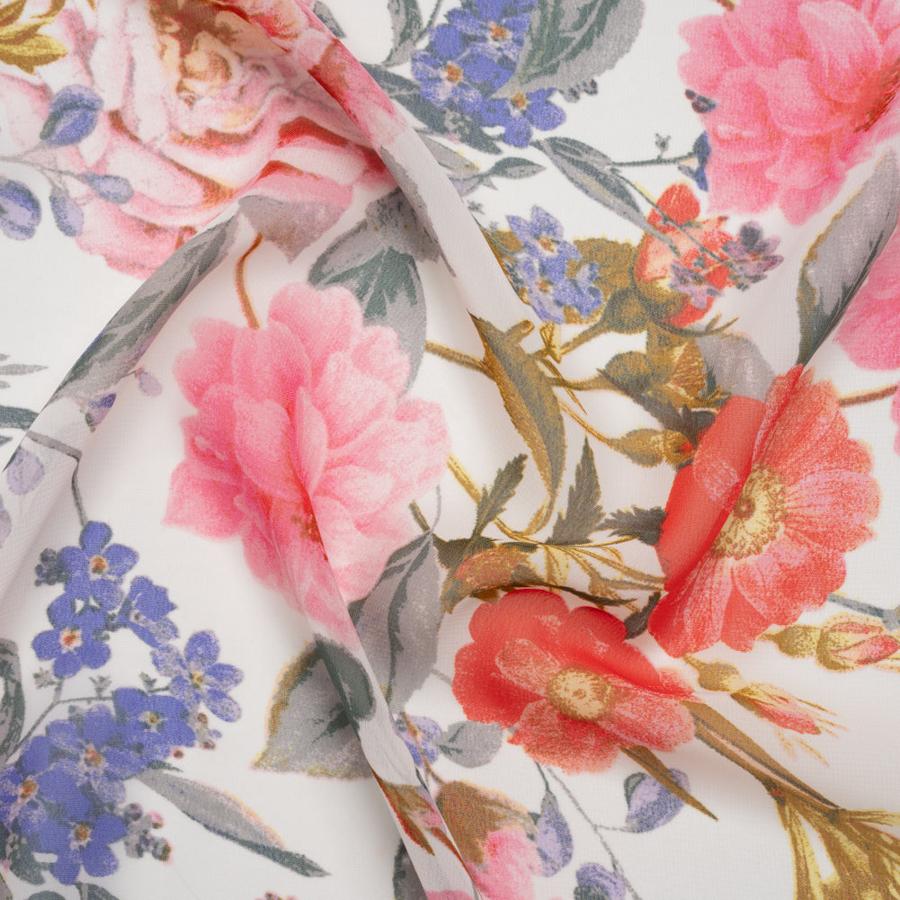 Polyester Chiffon Print - Hot Pink, Iris Purple and Scarlet Red Floral - Designer Deadstock