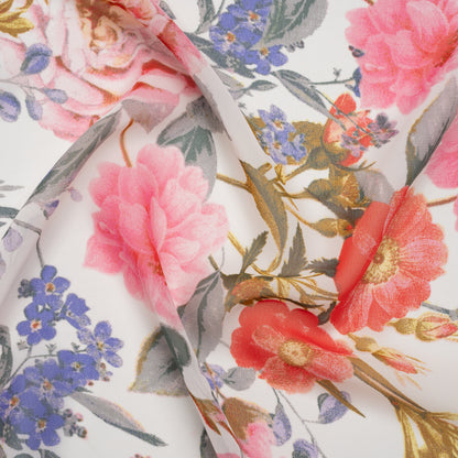 Polyester Chiffon Print - Hot Pink, Iris Purple and Scarlet Red Floral - Designer Deadstock