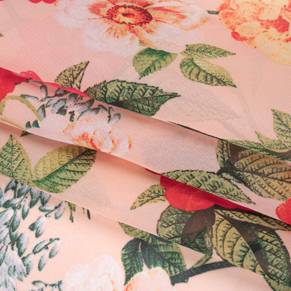Polyester Chiffon Print - Bright Red and Light Salmon Pink Floral - Designer Deadstock