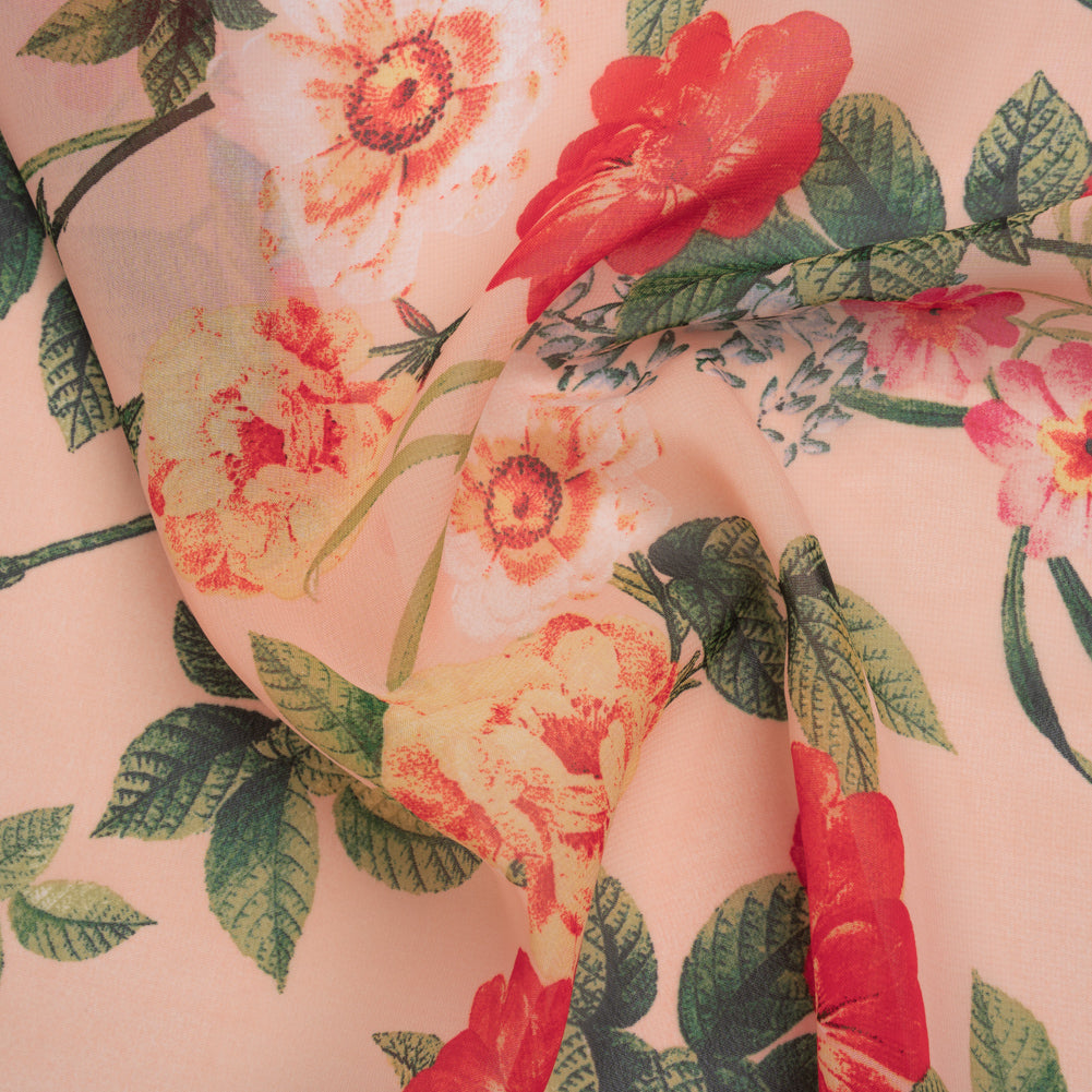 Polyester Chiffon Print - Bright Red and Light Salmon Pink Floral - Designer Deadstock
