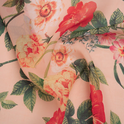 Polyester Chiffon Print - Bright Red and Light Salmon Pink Floral - Designer Deadstock