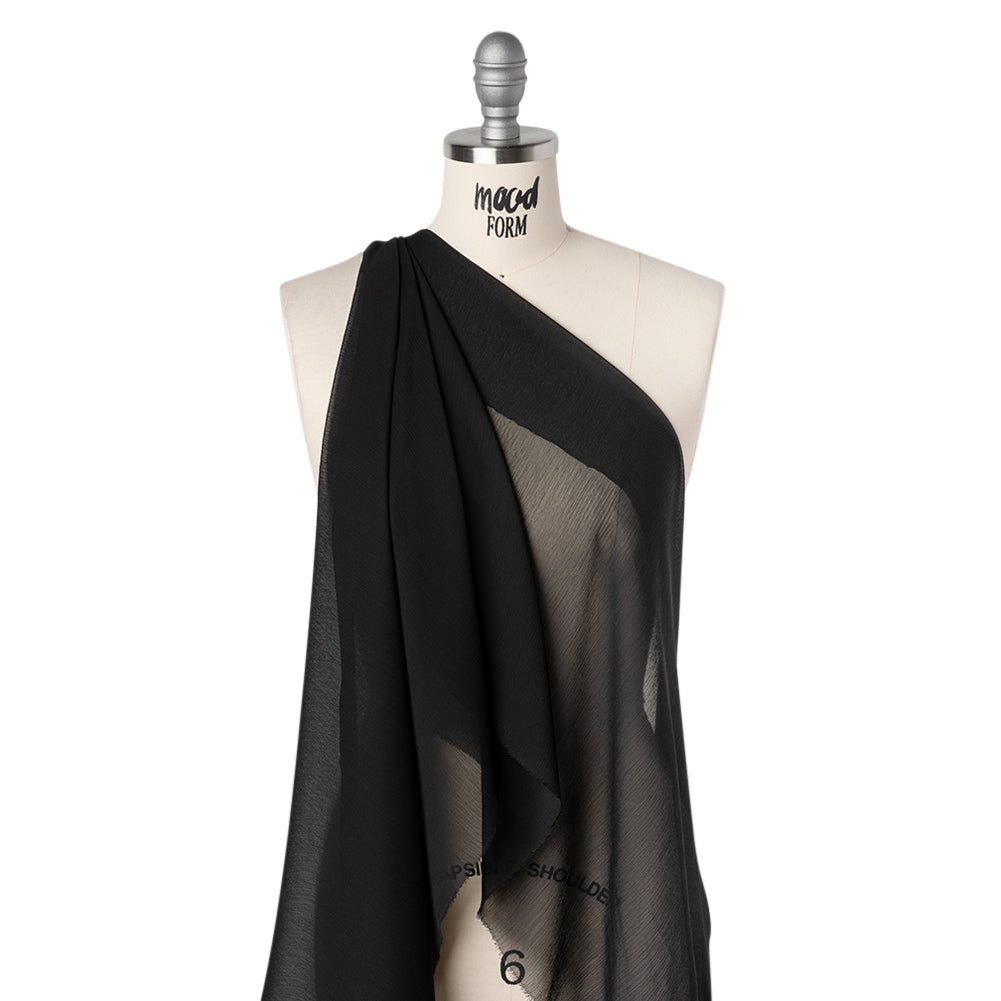 Crinkled Polyester Chiffon - Jet Black - Designer Deadstock - Drape
