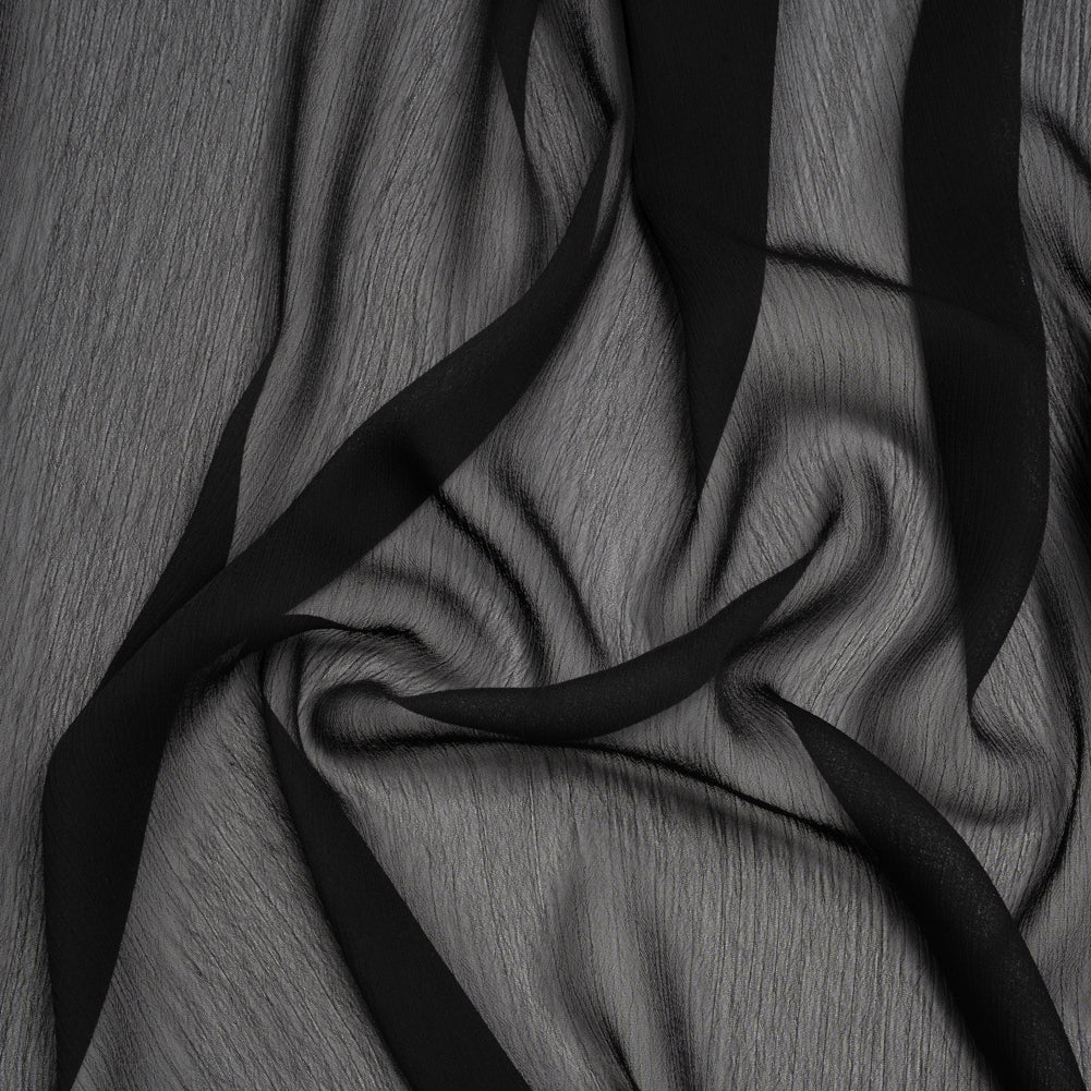 Crinkled Polyester Chiffon - Jet Black - Designer Deadstock