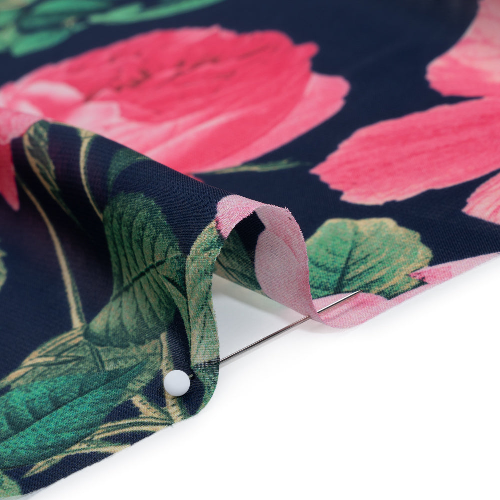 Polyester Chiffon Print - Pink, Navy Blue and Sea Green Floral - Designer Deadstock - Detail