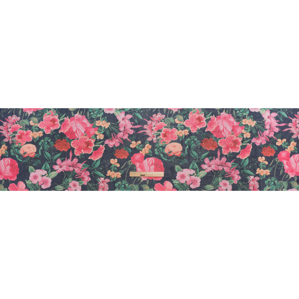 Polyester Chiffon Print - Pink, Navy Blue and Sea Green Floral - Designer Deadstock - Full