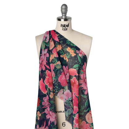 Polyester Chiffon Print - Pink, Navy Blue and Sea Green Floral - Designer Deadstock