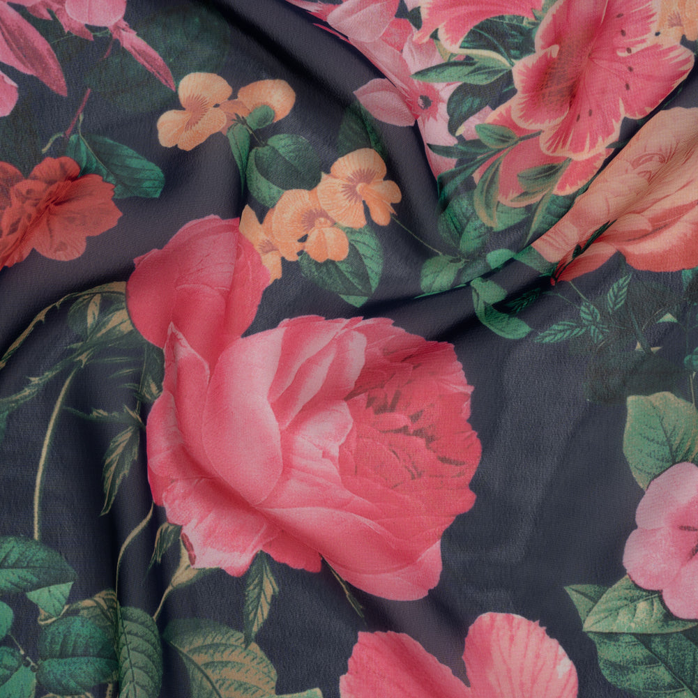 Polyester Chiffon Print - Pink, Navy Blue and Sea Green Floral - Designer Deadstock