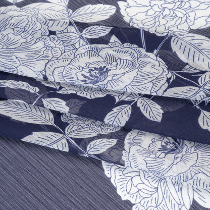 Crinkled Polyester Chiffon Print - Dark Navy Blue and White Floral - Designer Deadstock