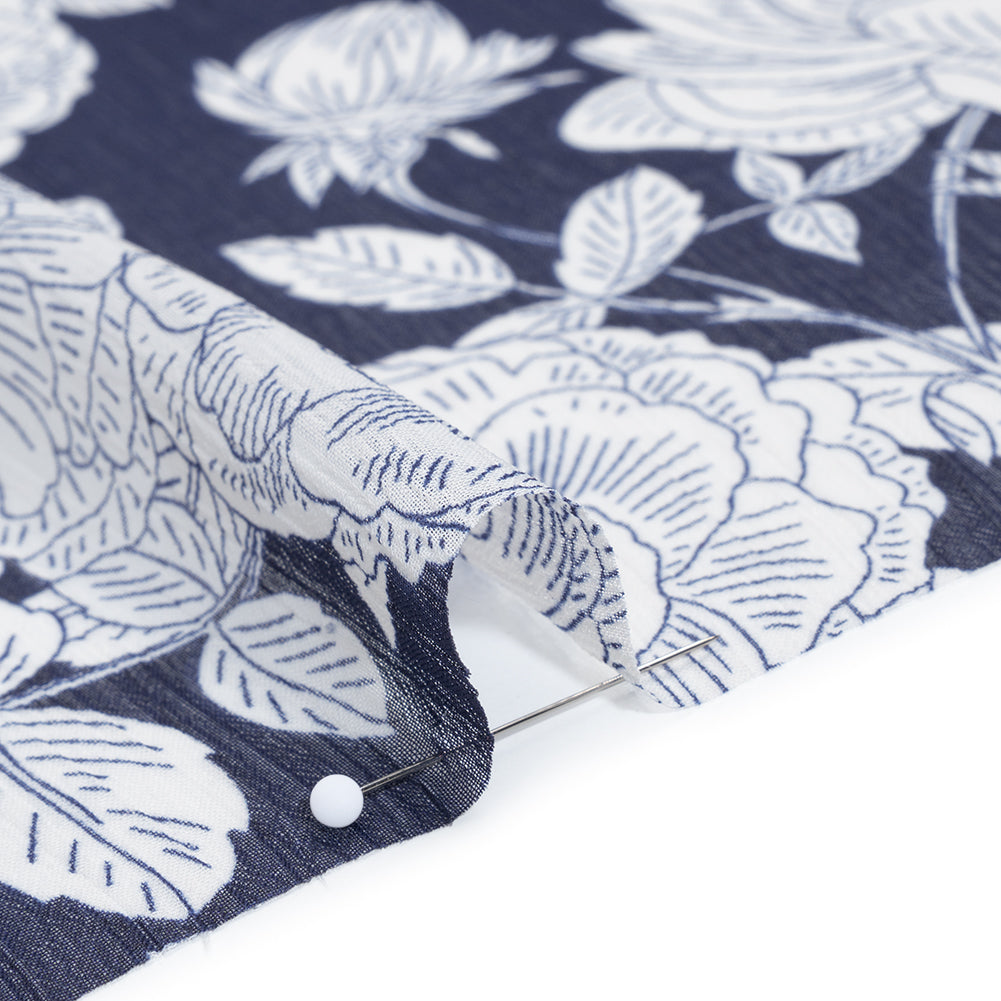 Crinkled Polyester Chiffon Print - Dark Navy Blue and White Floral - Designer Deadstock - Detail