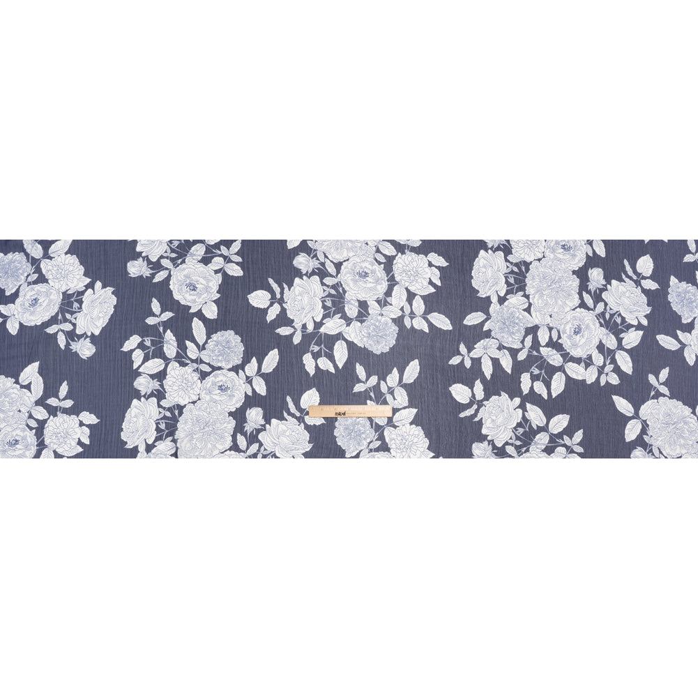 Crinkled Polyester Chiffon Print - Dark Navy Blue and White Floral - Designer Deadstock - Full