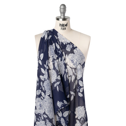 Crinkled Polyester Chiffon Print - Dark Navy Blue and White Floral - Designer Deadstock