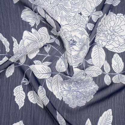 Crinkled Polyester Chiffon Print - Dark Navy Blue and White Floral - Designer Deadstock