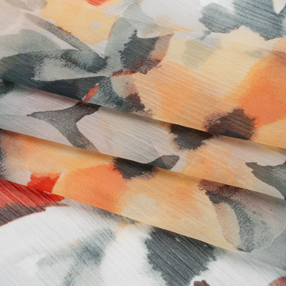 Crinkled Polyester Chiffon Print - Light Stone Gray, Peachy Orange and Slate Abstract Watercolor Floral - Designer Deadstock - Folded