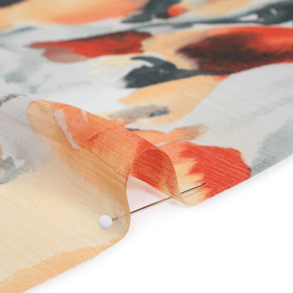 Crinkled Polyester Chiffon Print - Light Stone Gray, Peachy Orange and Slate Abstract Watercolor Floral - Designer Deadstock