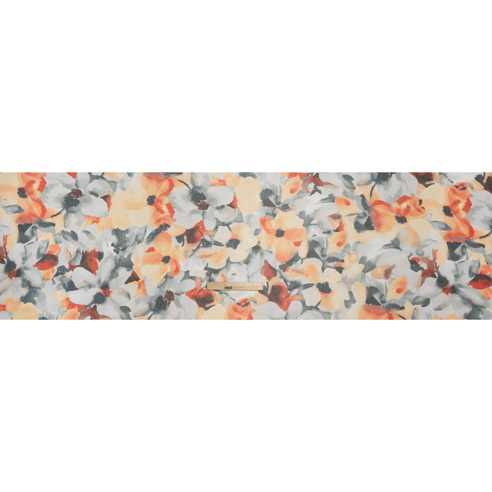 Crinkled Polyester Chiffon Print - Light Stone Gray, Peachy Orange and Slate Abstract Watercolor Floral - Designer Deadstock - Full