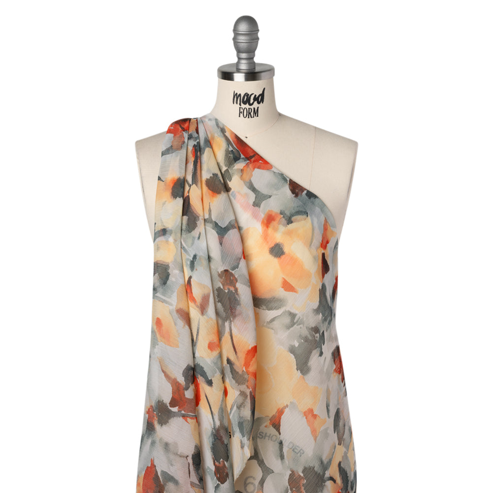 Crinkled Polyester Chiffon Print - Light Stone Gray, Peachy Orange and Slate Abstract Watercolor Floral - Designer Deadstock - Drape