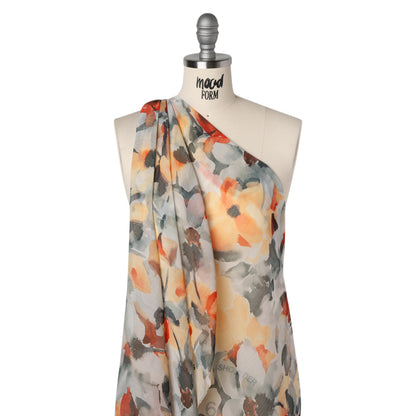 Crinkled Polyester Chiffon Print - Light Stone Gray, Peachy Orange and Slate Abstract Watercolor Floral - Designer Deadstock