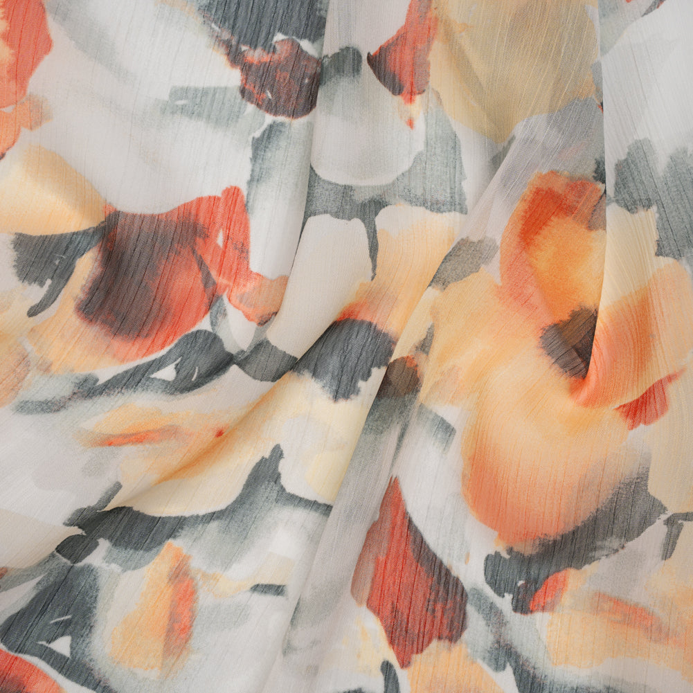 Crinkled Polyester Chiffon Print - Light Stone Gray, Peachy Orange and Slate Abstract Watercolor Floral - Designer Deadstock
