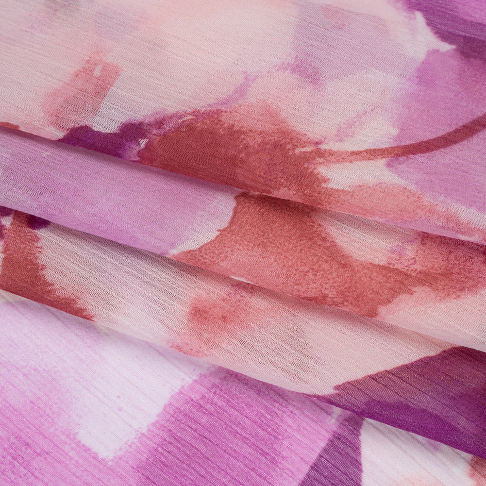Crinkled Polyester Chiffon Print - Clay Brown, Lilac Pink and Orchid Purple Abstract Watercolor Floral - Designer Deadstock - Folded