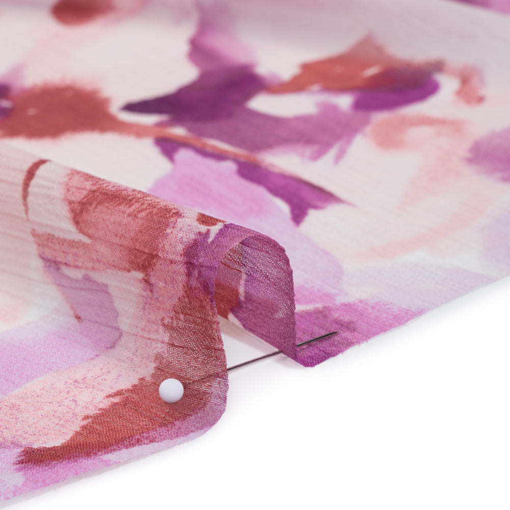 Crinkled Polyester Chiffon Print - Clay Brown, Lilac Pink and Orchid Purple Abstract Watercolor Floral - Designer Deadstock - Detail
