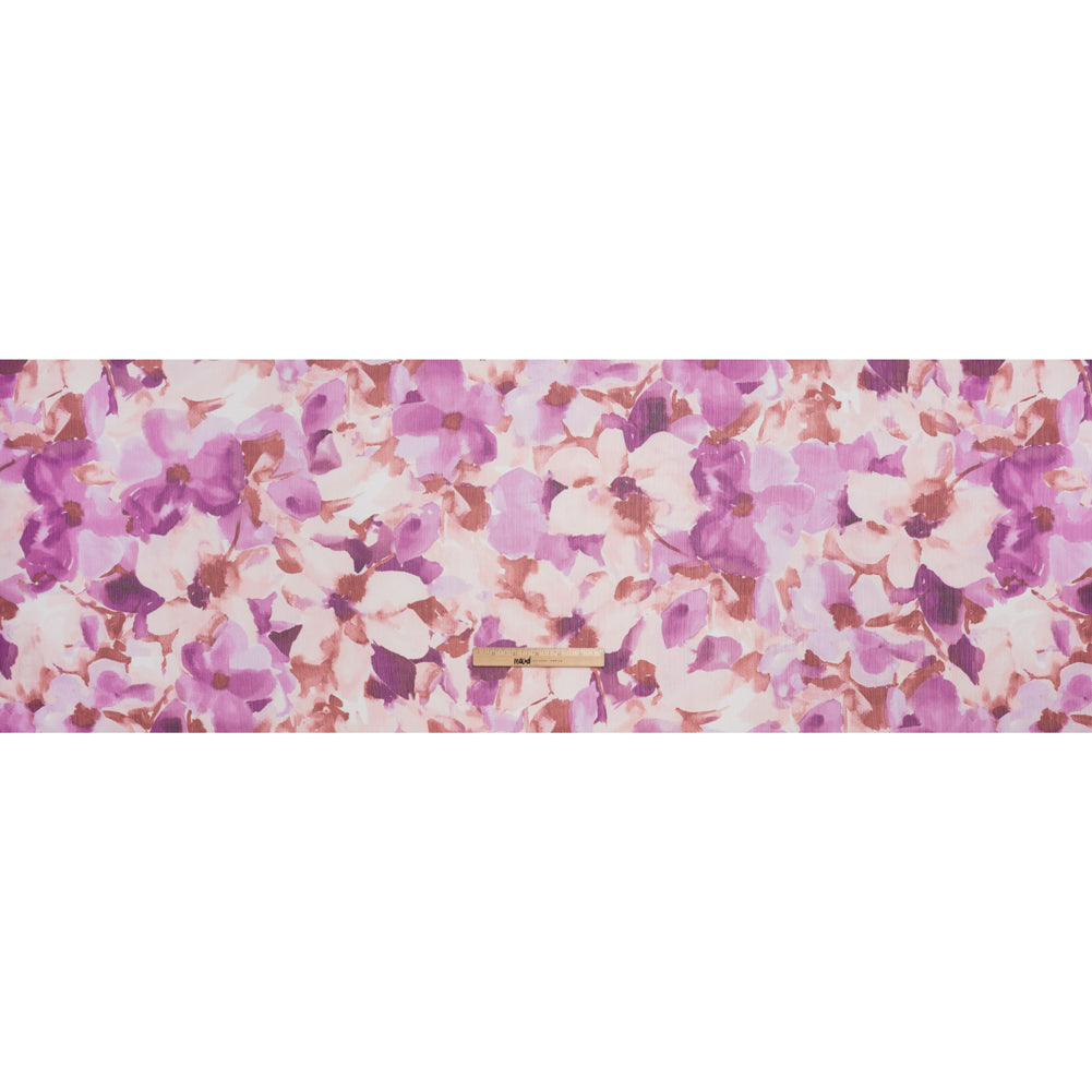Crinkled Polyester Chiffon Print - Clay Brown, Lilac Pink and Orchid Purple Abstract Watercolor Floral - Designer Deadstock - Full