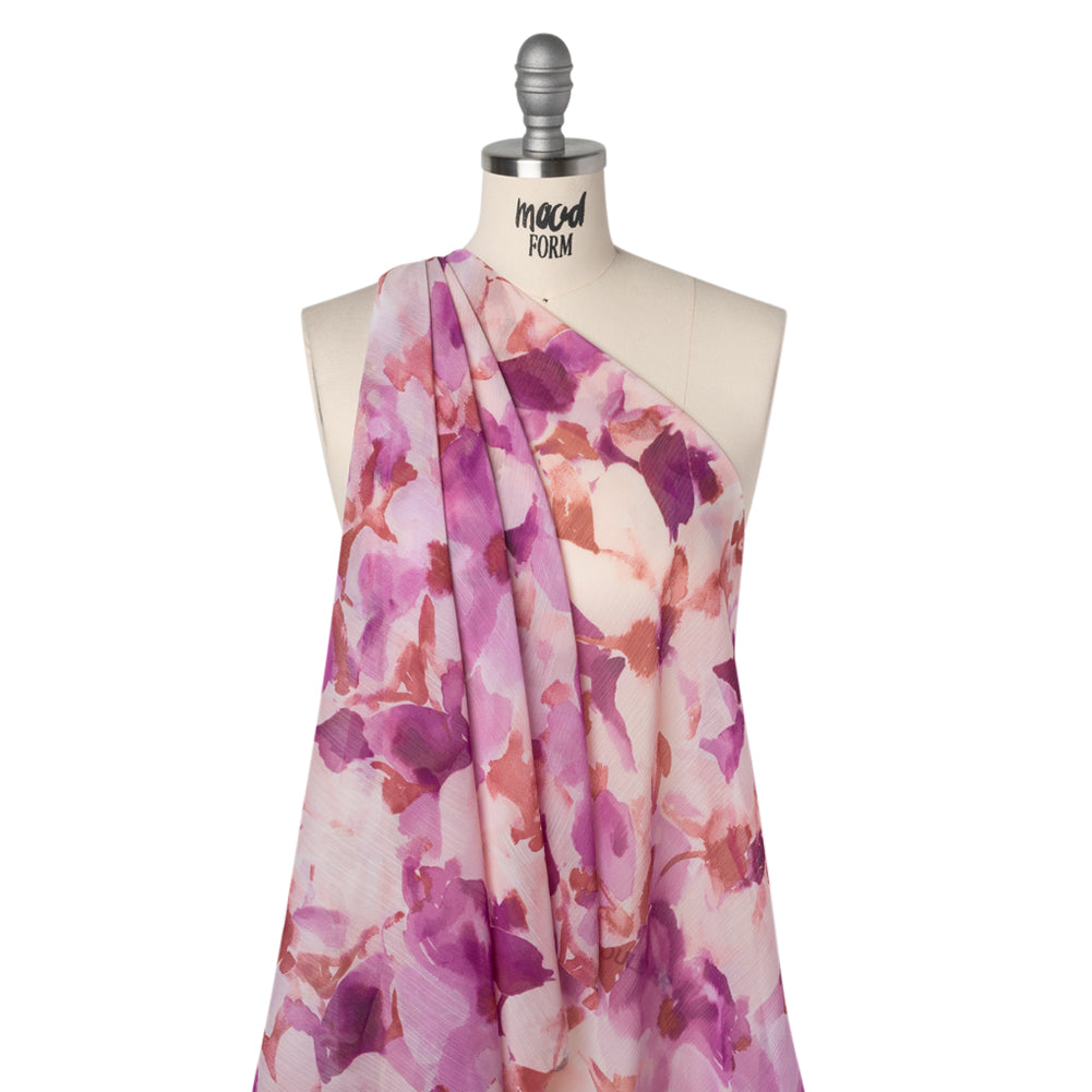 Crinkled Polyester Chiffon Print - Clay Brown, Lilac Pink and Orchid Purple Abstract Watercolor Floral - Designer Deadstock - Drape