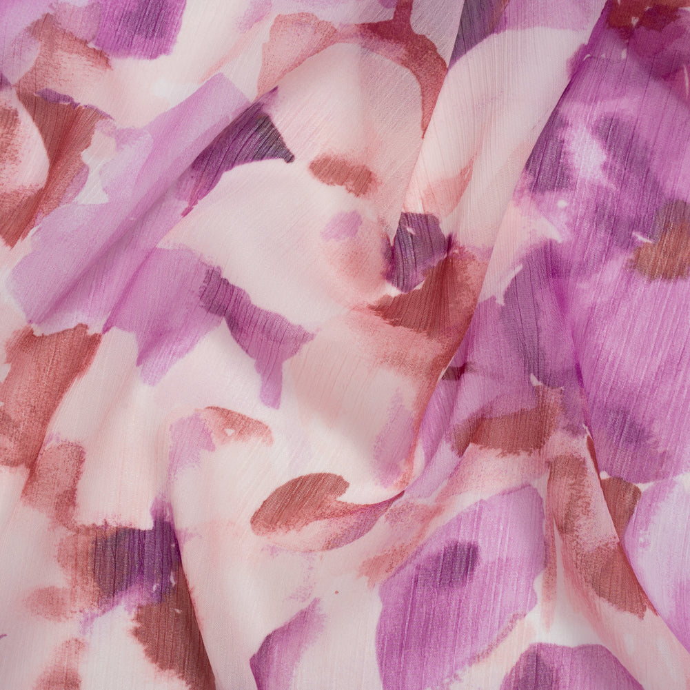 Crinkled Polyester Chiffon Print - Clay Brown, Lilac Pink and Orchid Purple Abstract Watercolor Floral - Designer Deadstock