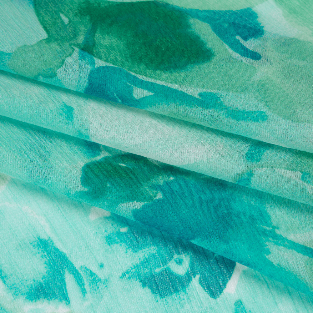 Crinkled Polyester Chiffon Print - Aqua Blue and Teal Green Abstract Watercolor Floral - Designer Deadstock - Folded