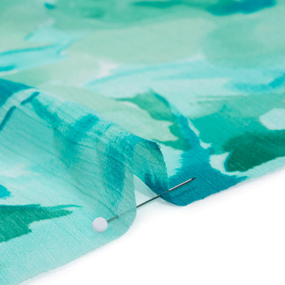 Crinkled Polyester Chiffon Print - Aqua Blue and Teal Green Abstract Watercolor Floral - Designer Deadstock