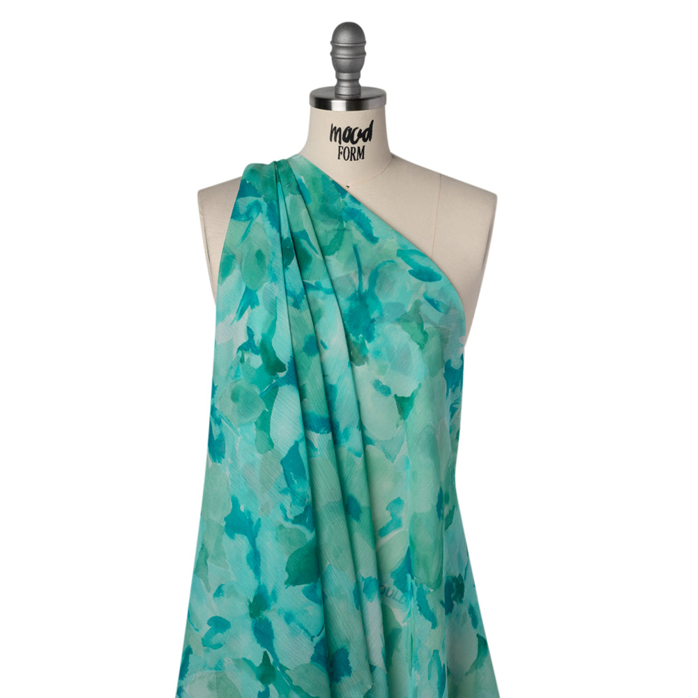 Crinkled Polyester Chiffon Print - Aqua Blue and Teal Green Abstract Watercolor Floral - Designer Deadstock - Drape