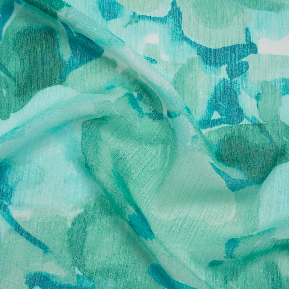 Crinkled Polyester Chiffon Print - Aqua Blue and Teal Green Abstract Watercolor Floral - Designer Deadstock