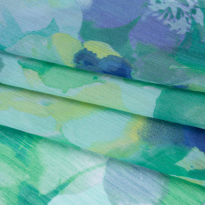Crinkled Polyester Chiffon Print - Light Teal, Sapphire Blue and Green Abstract Watercolor Floral - Designer Deadstock