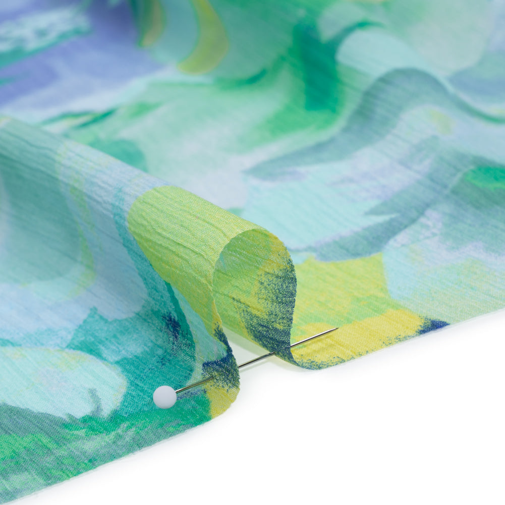 Crinkled Polyester Chiffon Print - Light Teal, Sapphire Blue and Green Abstract Watercolor Floral - Designer Deadstock - Detail