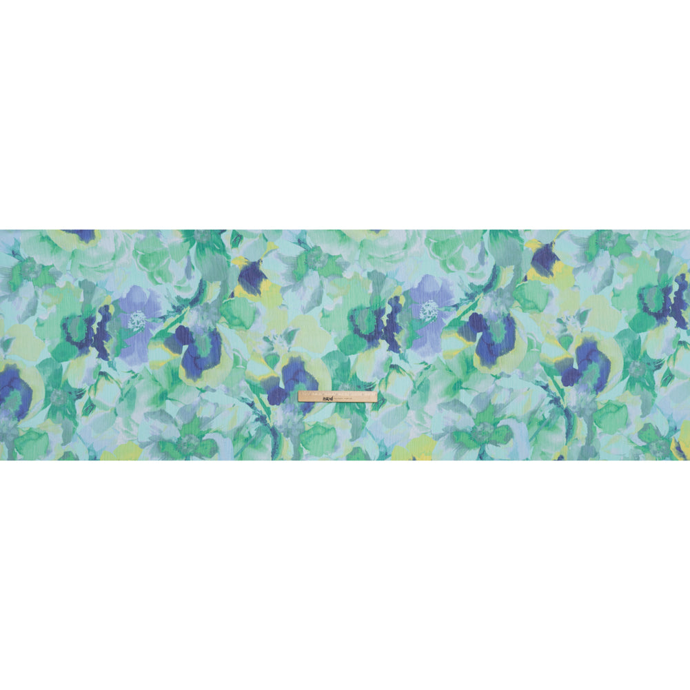 Crinkled Polyester Chiffon Print - Light Teal, Sapphire Blue and Green Abstract Watercolor Floral - Designer Deadstock - Full