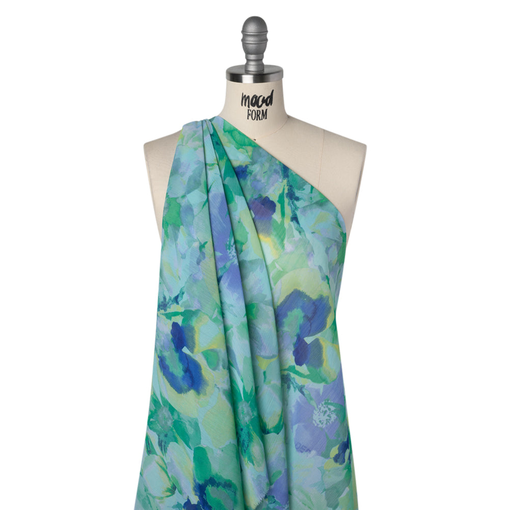 Crinkled Polyester Chiffon Print - Light Teal, Sapphire Blue and Green Abstract Watercolor Floral - Designer Deadstock - Drape