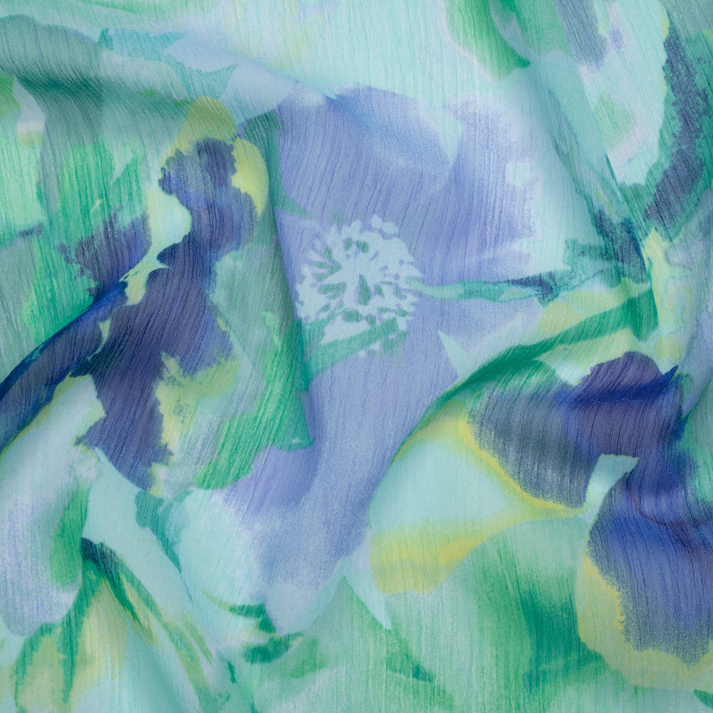 Crinkled Polyester Chiffon Print - Light Teal, Sapphire Blue and Green Abstract Watercolor Floral - Designer Deadstock