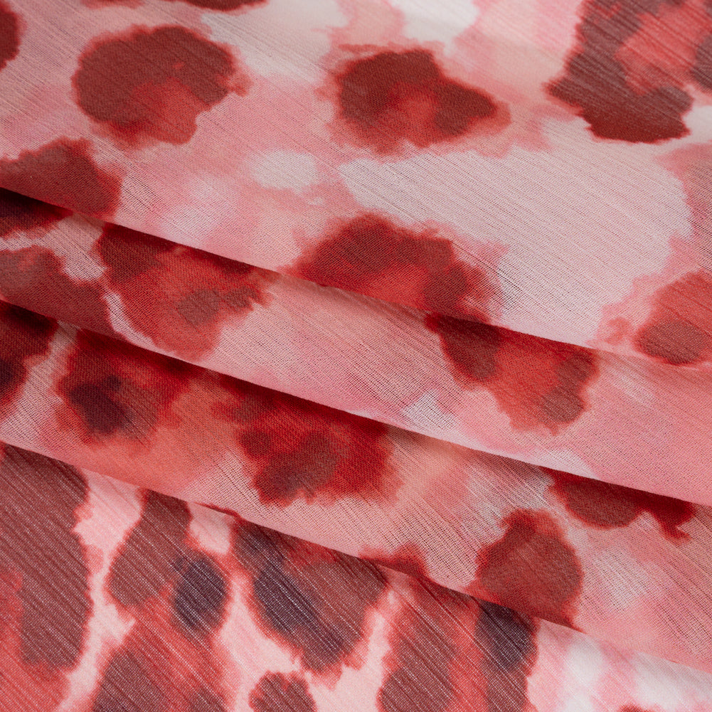 Crinkled Polyester Chiffon Print - Maroon Red and Light Pink Abstract Watercolor Leopard Spots - Designer Deadstock - Folded