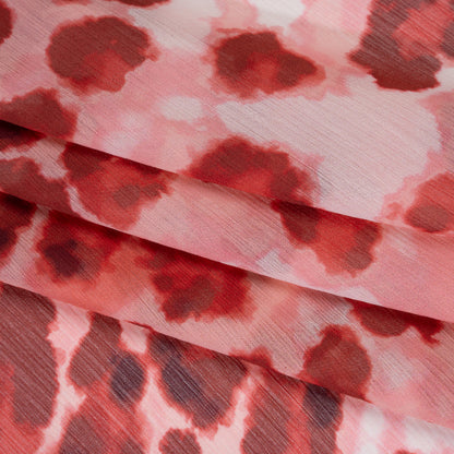Crinkled Polyester Chiffon Print - Maroon Red and Light Pink Abstract Watercolor Leopard Spots - Designer Deadstock