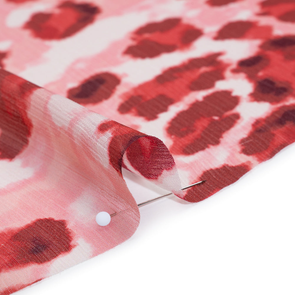 Crinkled Polyester Chiffon Print - Maroon Red and Light Pink Abstract Watercolor Leopard Spots - Designer Deadstock - Detail