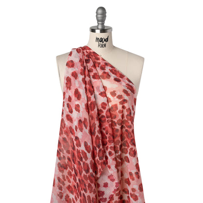 Crinkled Polyester Chiffon Print - Maroon Red and Light Pink Abstract Watercolor Leopard Spots - Designer Deadstock