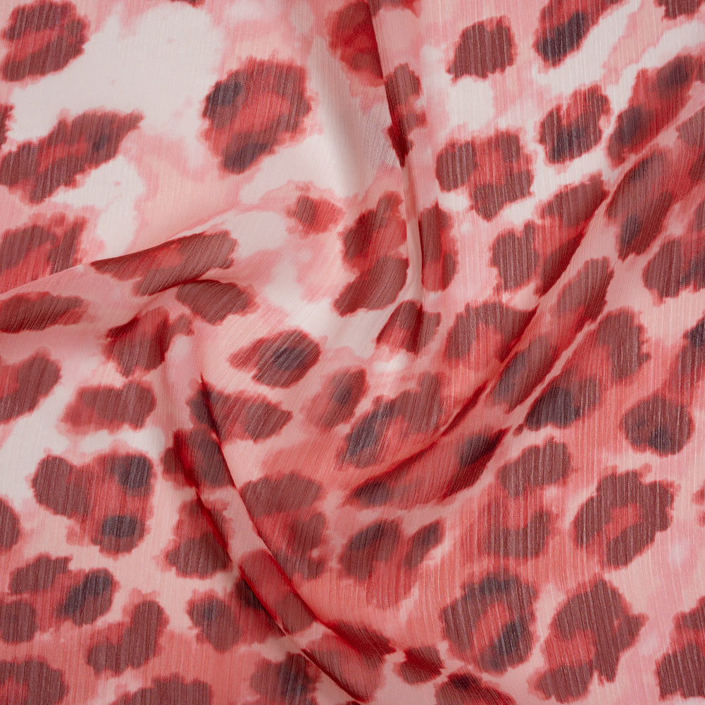 Crinkled Polyester Chiffon Print - Maroon Red and Light Pink Abstract Watercolor Leopard Spots - Designer Deadstock