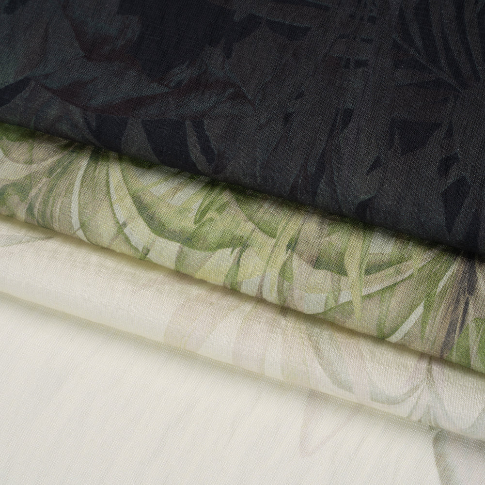 Textured Rayon and Nylon Woven Print - Fern Green, Black and Cream Tropical Foliage - Designer Deadstock Folded