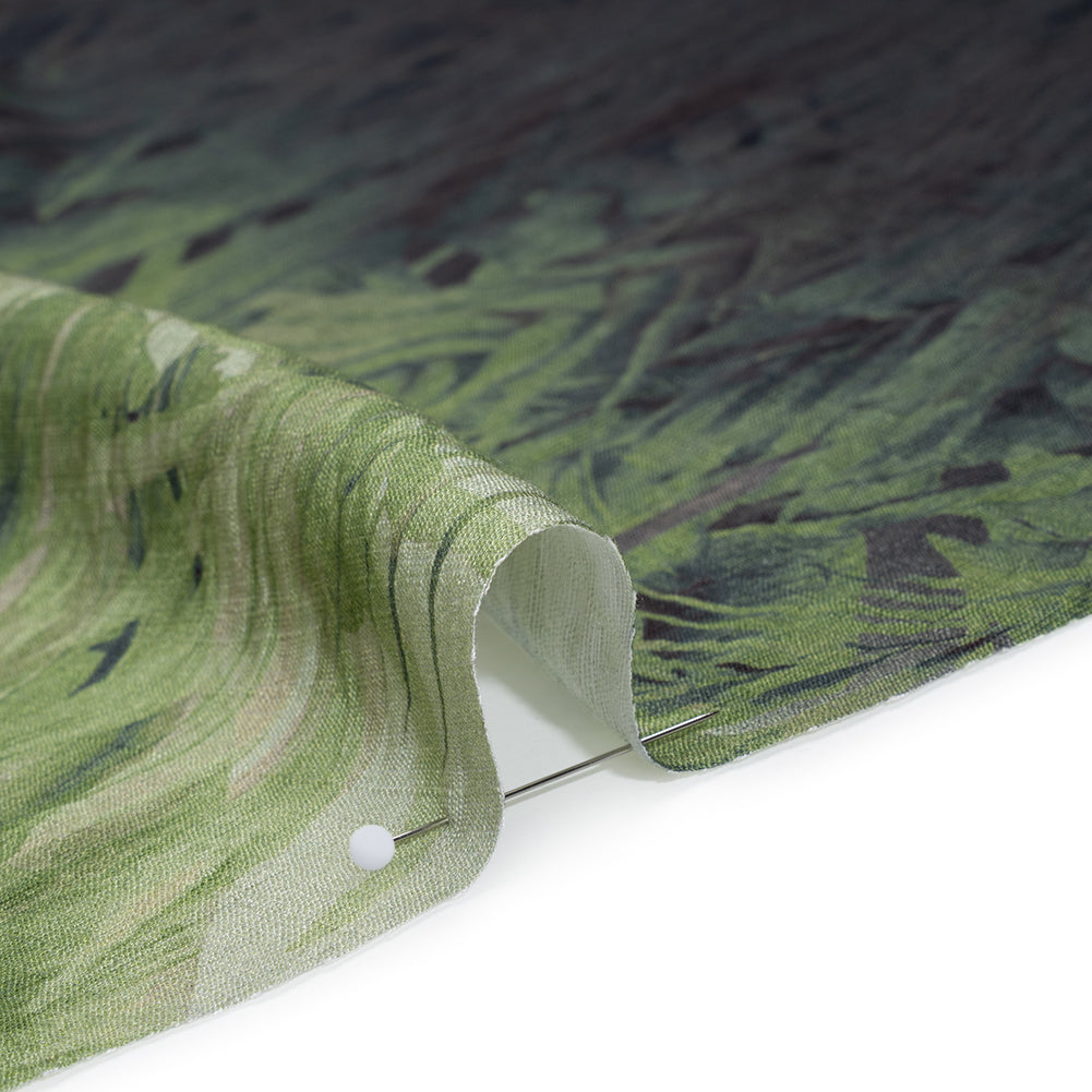 Textured Rayon and Nylon Woven Print - Fern Green, Black and Cream Tropical Foliage - Designer Deadstock Detail