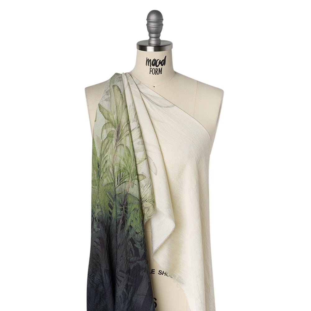 Textured Rayon and Nylon Woven Print - Fern Green, Black and Cream Tropical Foliage - Designer Deadstock Drape